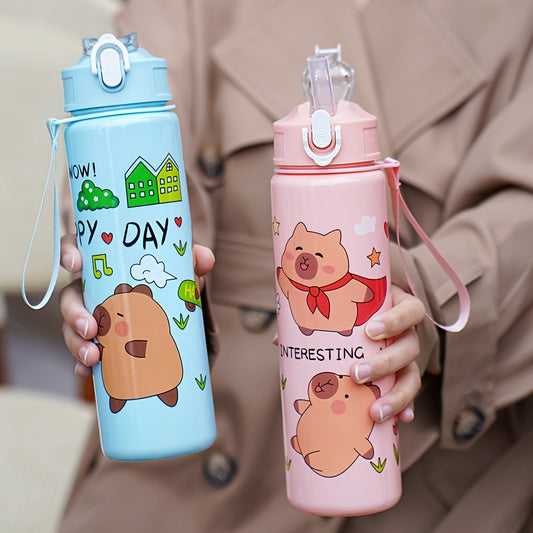 Cartoon Kapibara-themed 26oz water bottle with straw, leak-proof, PVC-free, hand wash only. Great for outdoor activities and makes a perfect holiday gift.