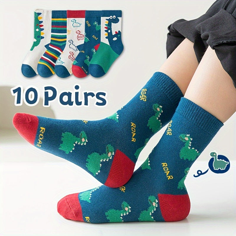 10 pairs of boys' cute dinosaur pattern crew socks, perfect for outdoor activities in the summer.