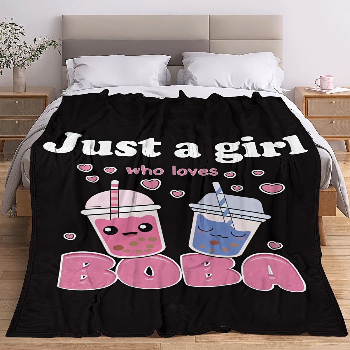 One piece of anime blankets featuring plush boba milk tea fleece, perfect for girls who adore boba. This blanket is filled with comfort, made of super soft and lightweight flannel, suitable for beds and chairs. A cute gift idea!