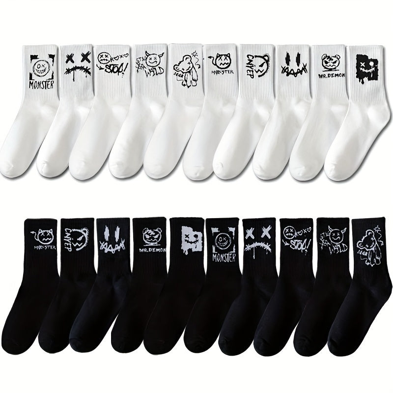 5 pairs of big size couple socks with funny faces, men's fun and cute compression socks made of polyester and spandex, machine washable, featuring geometric patterns in knitted fabric.