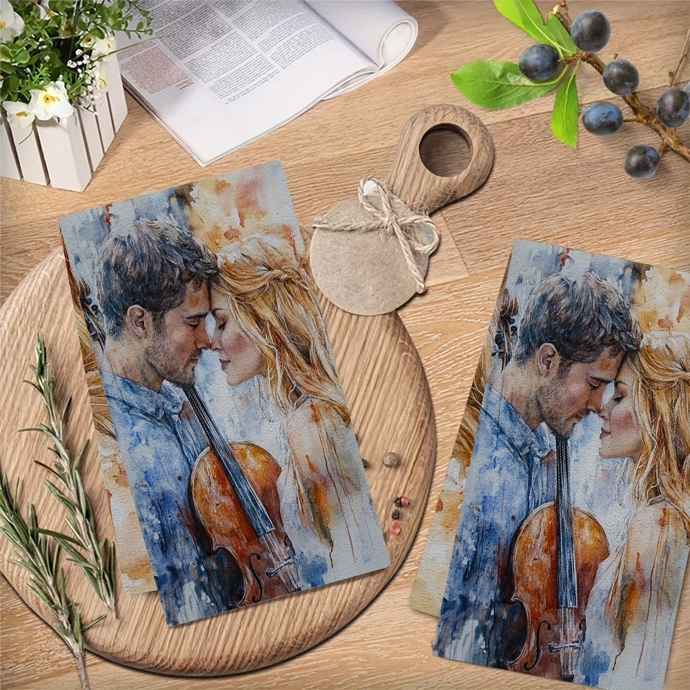 Two romantic violin duet themed kitchen towels are included. These ultra soft and highly absorbent dish towels are made of polyester and are machine washable. Each towel measures 40.64x60.96 cm and is perfect for holiday decor and everyday use in the