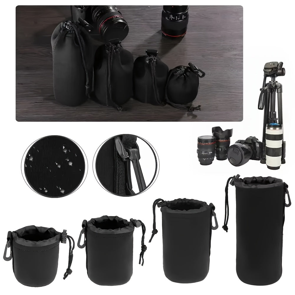 Durable set of camera lens pouches made of waterproof synthetic fabric. This shockproof DSLR lens storage bag comes with a drawstring and clip for easy carrying. Perfect for photographers, this portable lens protector bag is available in 4 different