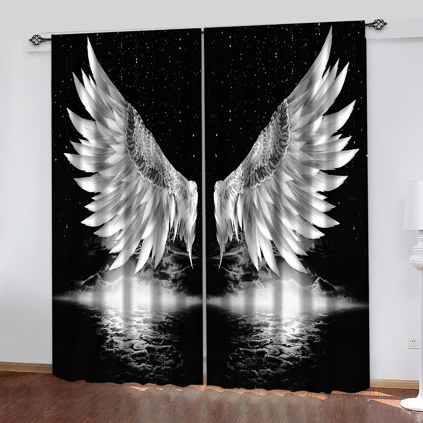 Black art window curtains featuring angel wings and stars, perfect for adding a touch of celestial charm to any room in your home or office. Enhance the decor of your bedroom, living room, or workspace with these stylish and elegant drapes.