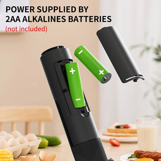 Handheld Electric Milk Frother made of Metal and Plastic, requires 2 AA batteries (not included). Perfect for making Lattes, Cappuccinos, Frappes, Matcha, and Hot Chocolate with its Effortless Foam creation. Easy to clean and ideal for any coffee