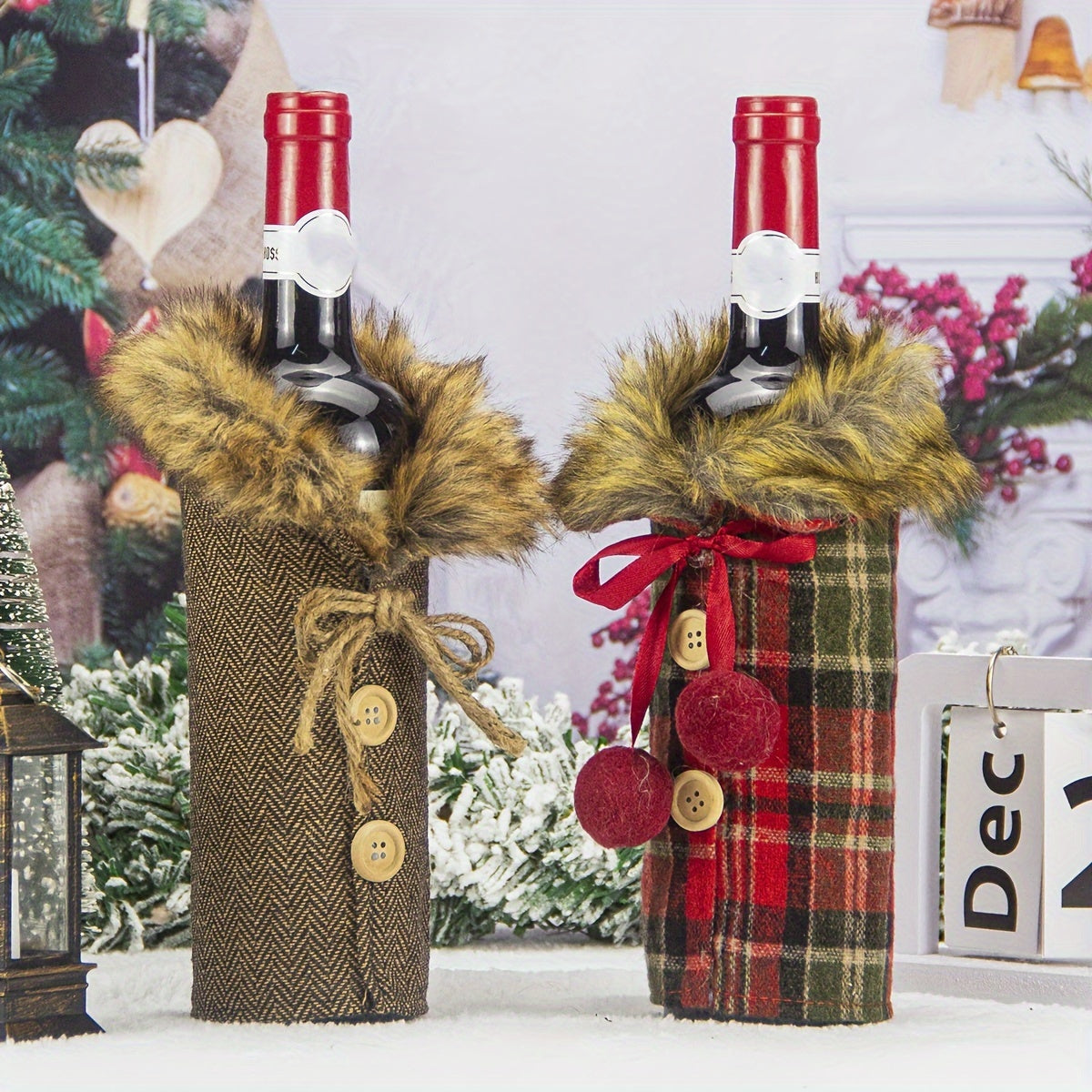 Christmas Wine Bottle Set with Denim Burlap and Bow Decoration - Perfect for European and American Style Homes