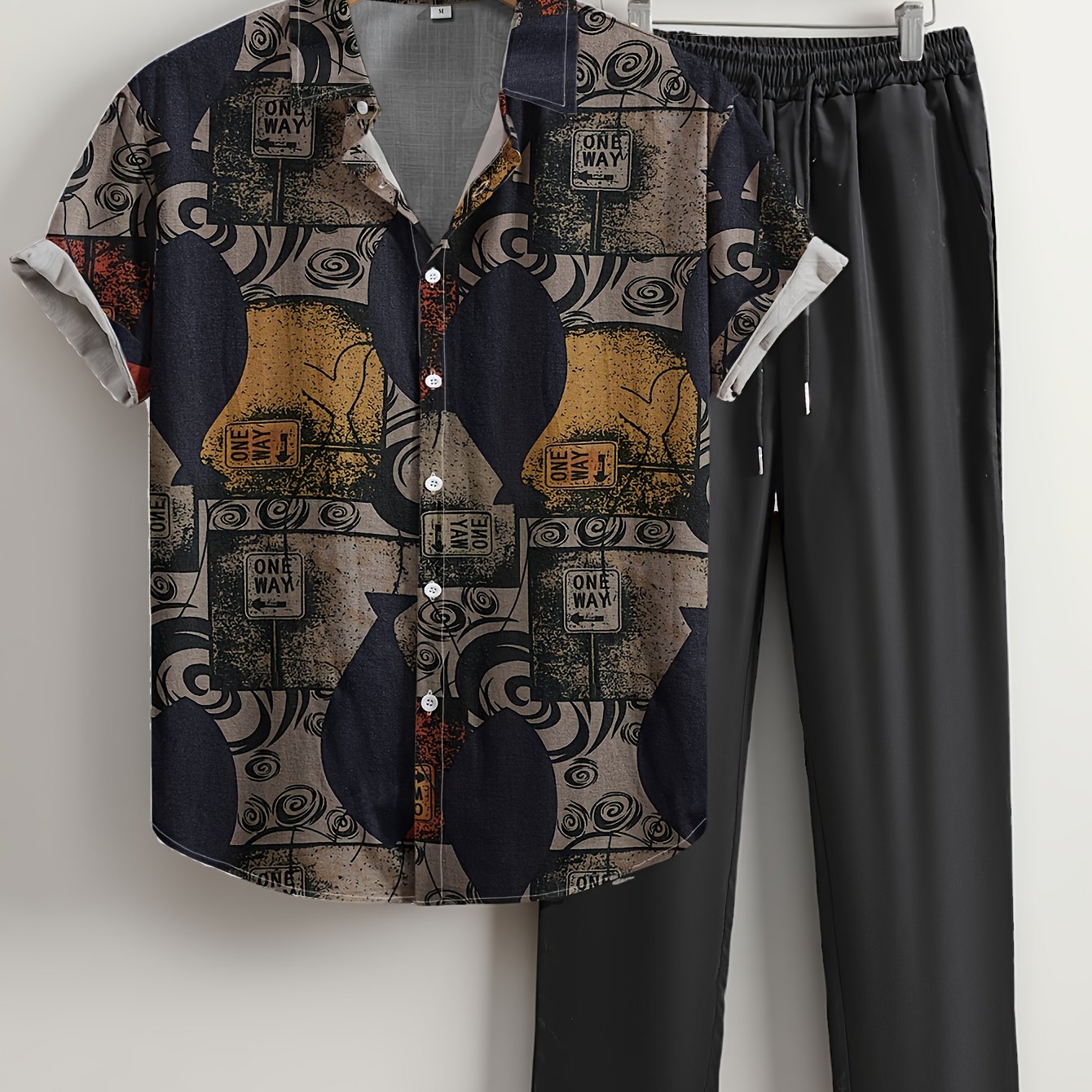 Men's casual geometric print shirt and pants set made of lightweight, non-stretch polyester. Features "ONE WAY" design, perfect for summer.