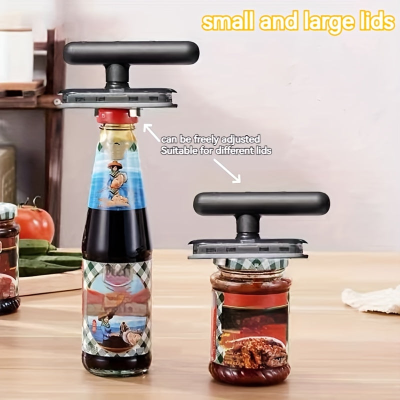 Adjustable multifunctional metal jar opener for bottles and cans, with a lid gripper and manual operation, ideal for kitchen use and party supplies.