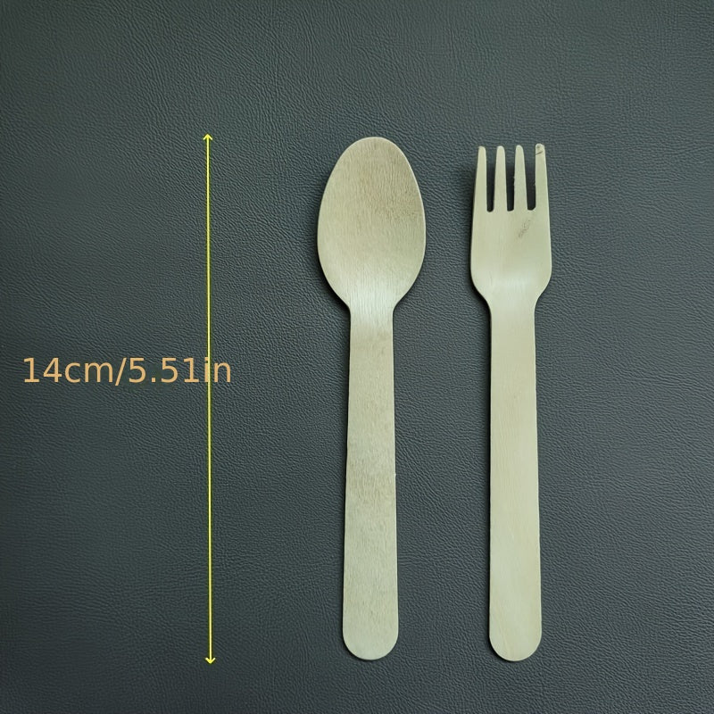 Package of 100 beautifully crafted 14.0cm Birch Wood Biodegradable Disposable Wooden Spoons and Forks, with 50 of each included. Perfect for a variety of occasions such as parties, festivals, birthdays, weddings, home decoration, camping, picnics