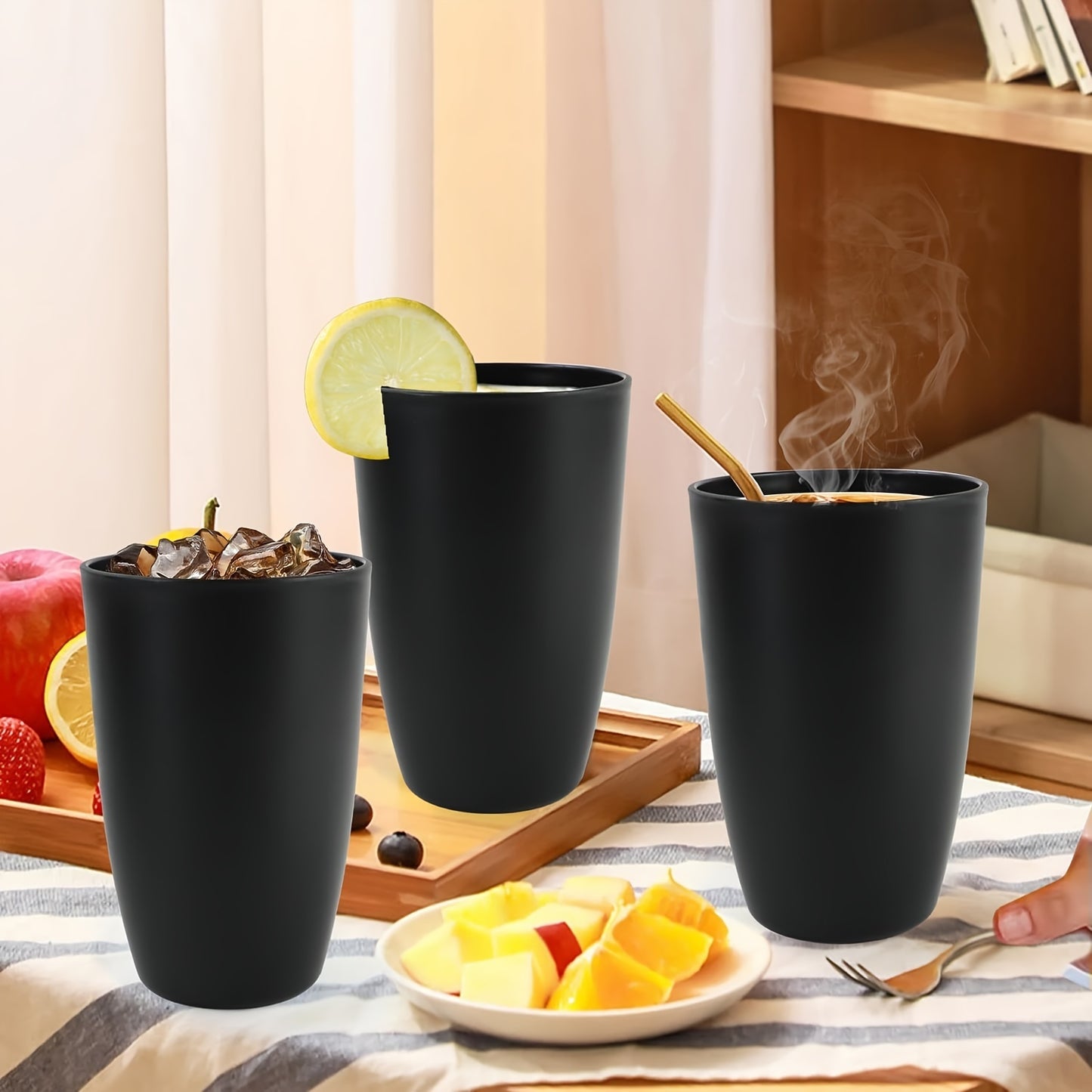 8-pack of stackable plastic cups, microwave and dishwasher safe, ideal for coffee, juice, water. Great for camping, picnics, RVs, and dorms. Holiday themed for Christmas, Halloween, Easter, Hanukkah, and Thanksgiving.