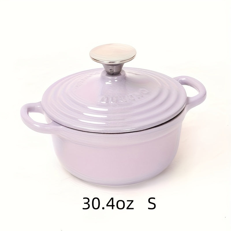 Enameled cast iron health pot, versatile for cooking rice and other dishes on induction, ceramic, electric, halogen, and gas cooktops. Comes in two sizes: 30.4oz and 60.8oz. Boasts enamel non-stick coating for easy cleaning.