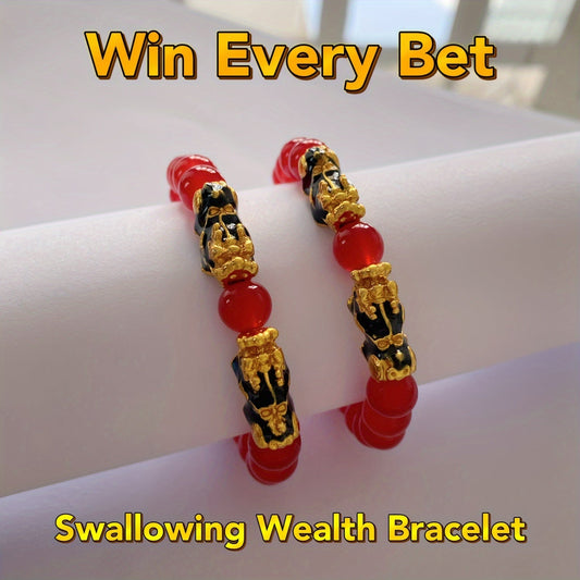 Two Pixiu bracelets, one in red antique style, offering a safe and lucky accessory. This classic, luxurious piece symbolizes prosperity and is beautifully crafted with shiny, artificial jewels. Perfect for gifting to girlfriends, sisters, or mothers to