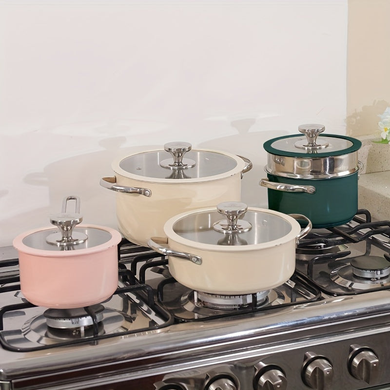 Cook your favorite meals with this stainless steel cooking pot set, which includes a sauce pan, soup pot, casserole, and steamer pot in beige, white, pink, or green. These pots feature a ceramic spray coating and are compatible with induction/electric