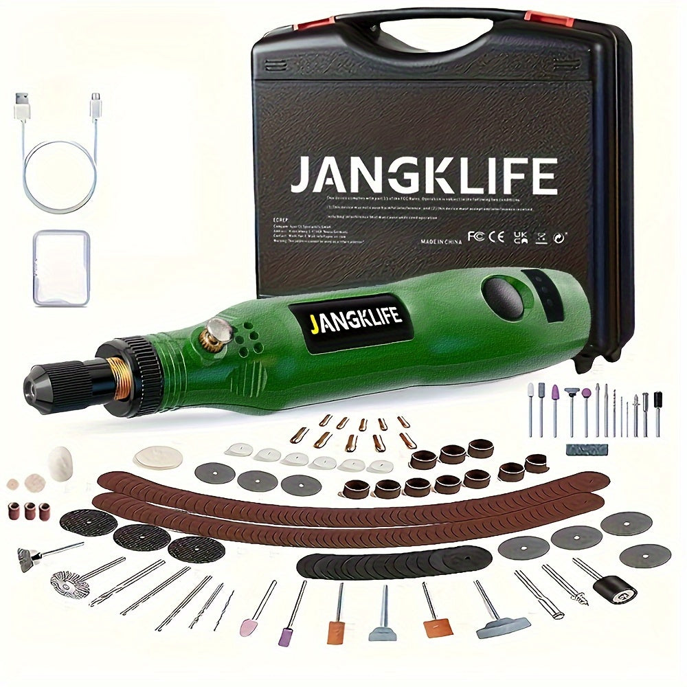 Portable rechargeable rotary tool with 102pcs, battery included. Adjustable speed for carving, sanding, polishing, and etching on wood.