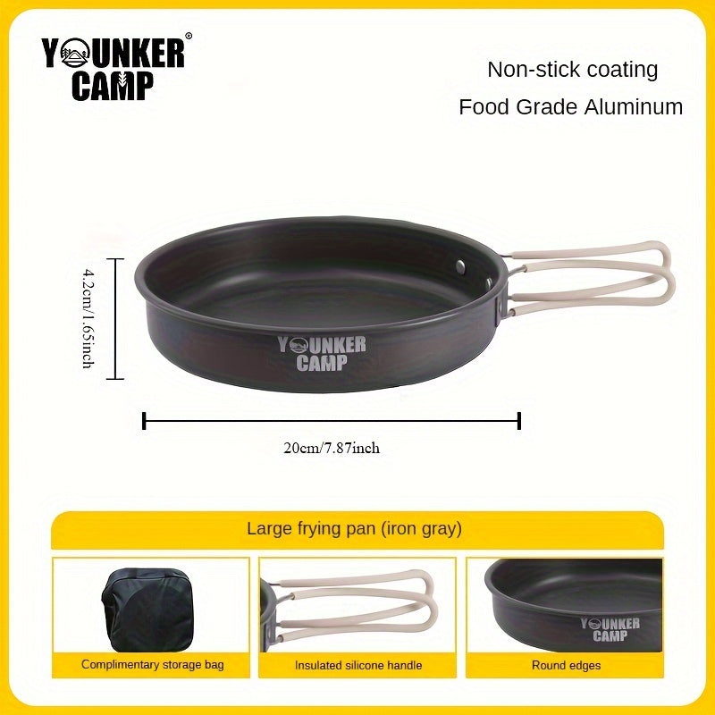 Experience the great outdoors with the YOUNKER CAMP 12-Piece Camping Cookware Set. This aluminum lightweight portable set includes camping pots and pans complete with a stove, perfect for hiking, picnics, and more. Made from food-grade materials with