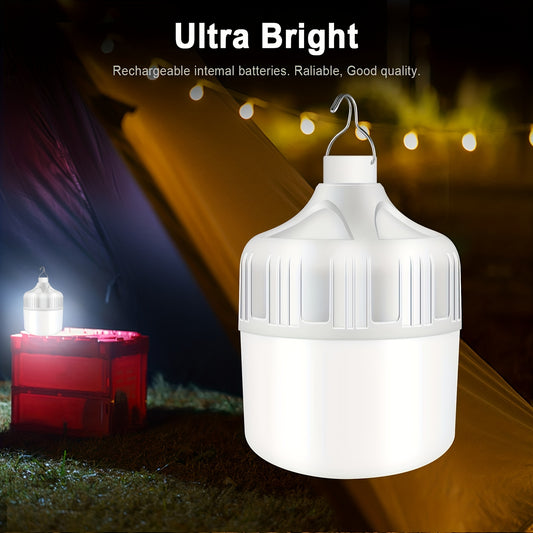 1 ultra bright USB rechargeable LED light bulb with hook. Portable and high-brightness for outdoor activities, emergencies, and camping. Made with durable PP material and 18650 lithium