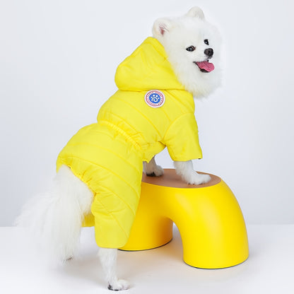 Winter dog jacket for small to medium breeds - waterproof, warm, and windproof with anticold insulation. Yellow hooded design with soft polyester lining. Machine washable.