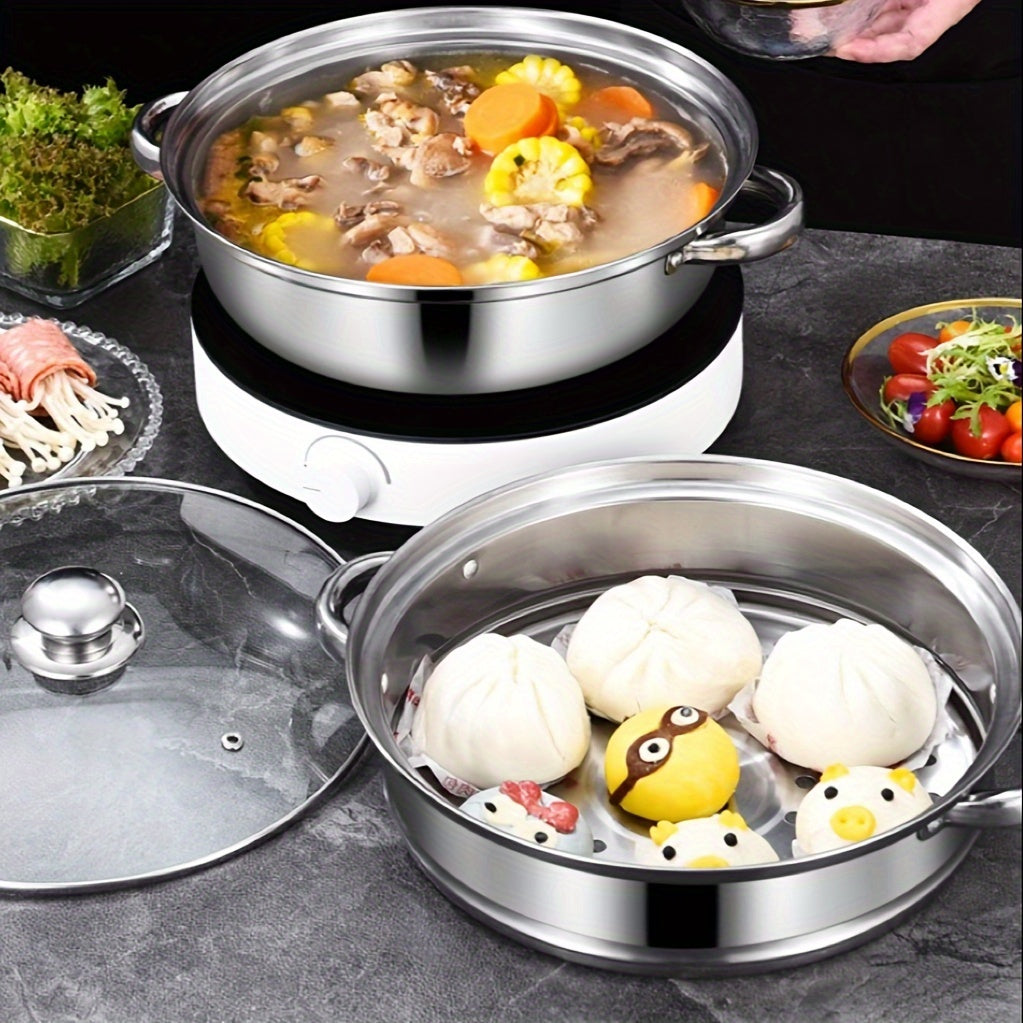 Durable and Easy to Clean 1-Piece Stainless Steel Multi-Functional Hot Pot and Double Soup Steamer, 28cm, Direct from Manufacturers