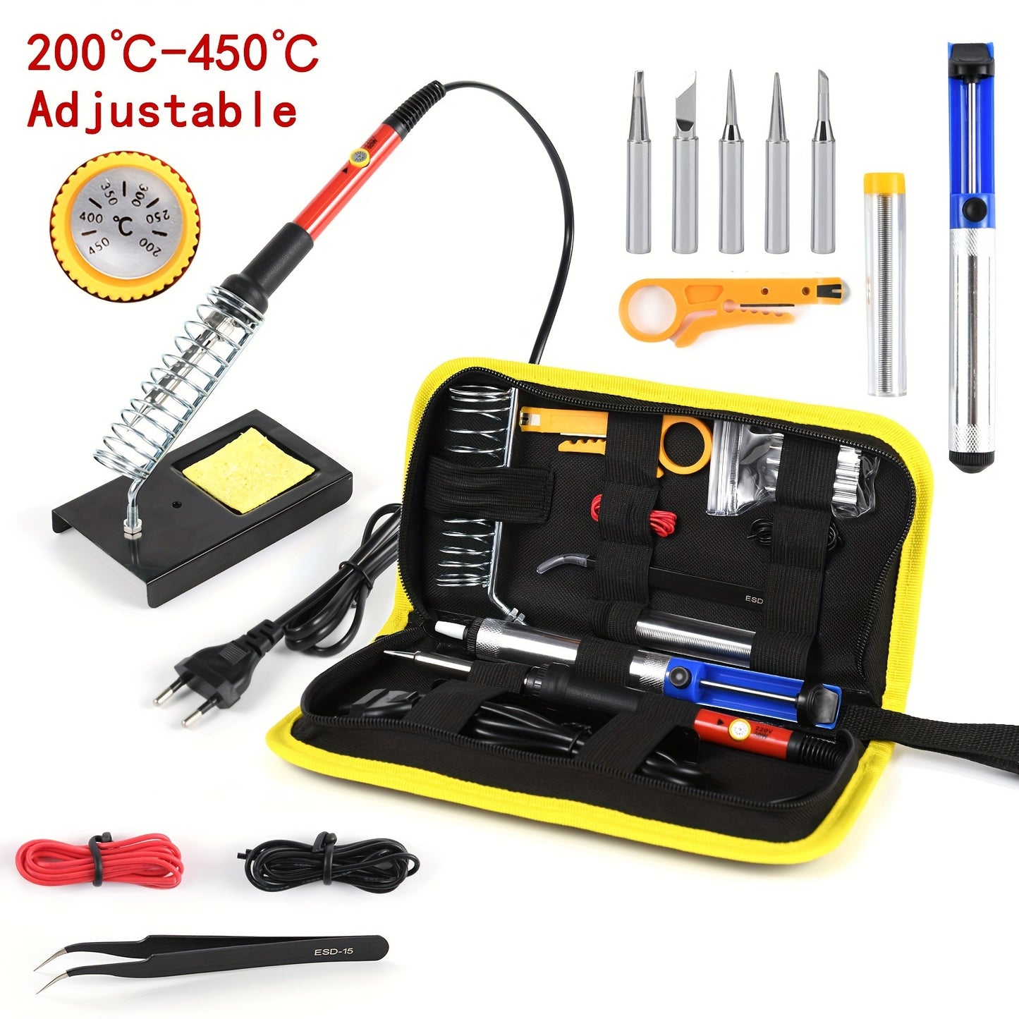 60W Adjustable Temperature Soldering Iron Kit with 15pcs set, Desoldering Pump, Ceramic Heating Element, Electric Solder Station for DIY & Repair, in Red/Blue/Black color scheme.