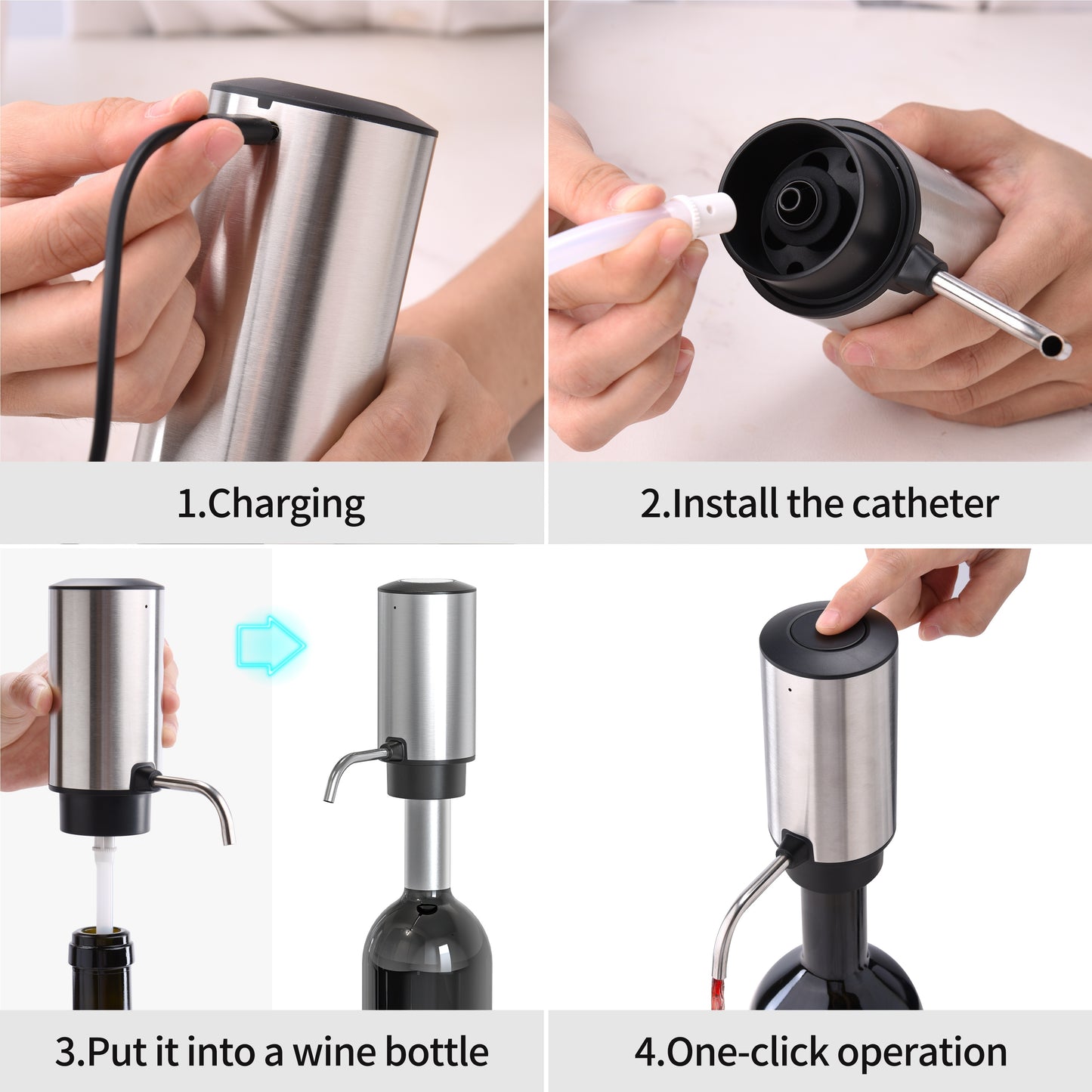 Electric wine pourer and decanter with diverters to pour olive oil and wine, portable water bottle pump and automatic drinking fountain for kitchen.