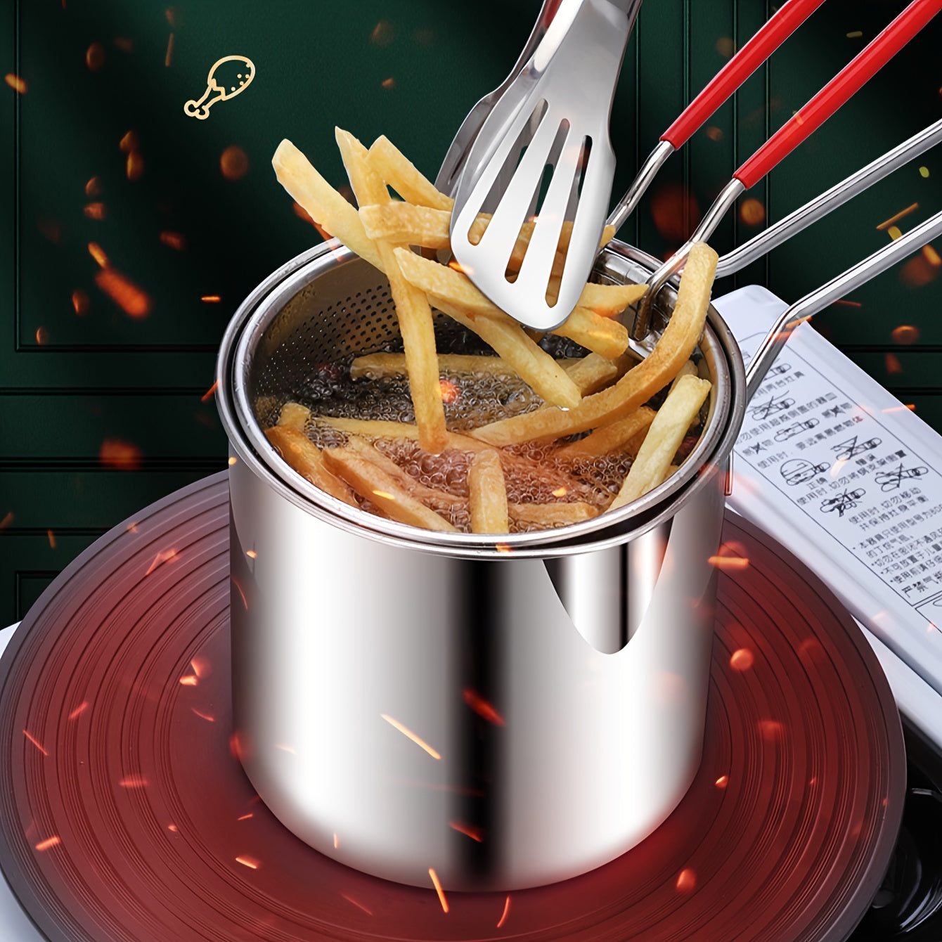 Small stainless steel frying pan for household use, suitable for induction cookers, perfect for making fried food such as French fries, fried chicken, rice pops, and chicken nuggets. This mini fuel-saving pan comes with a frying basket for added