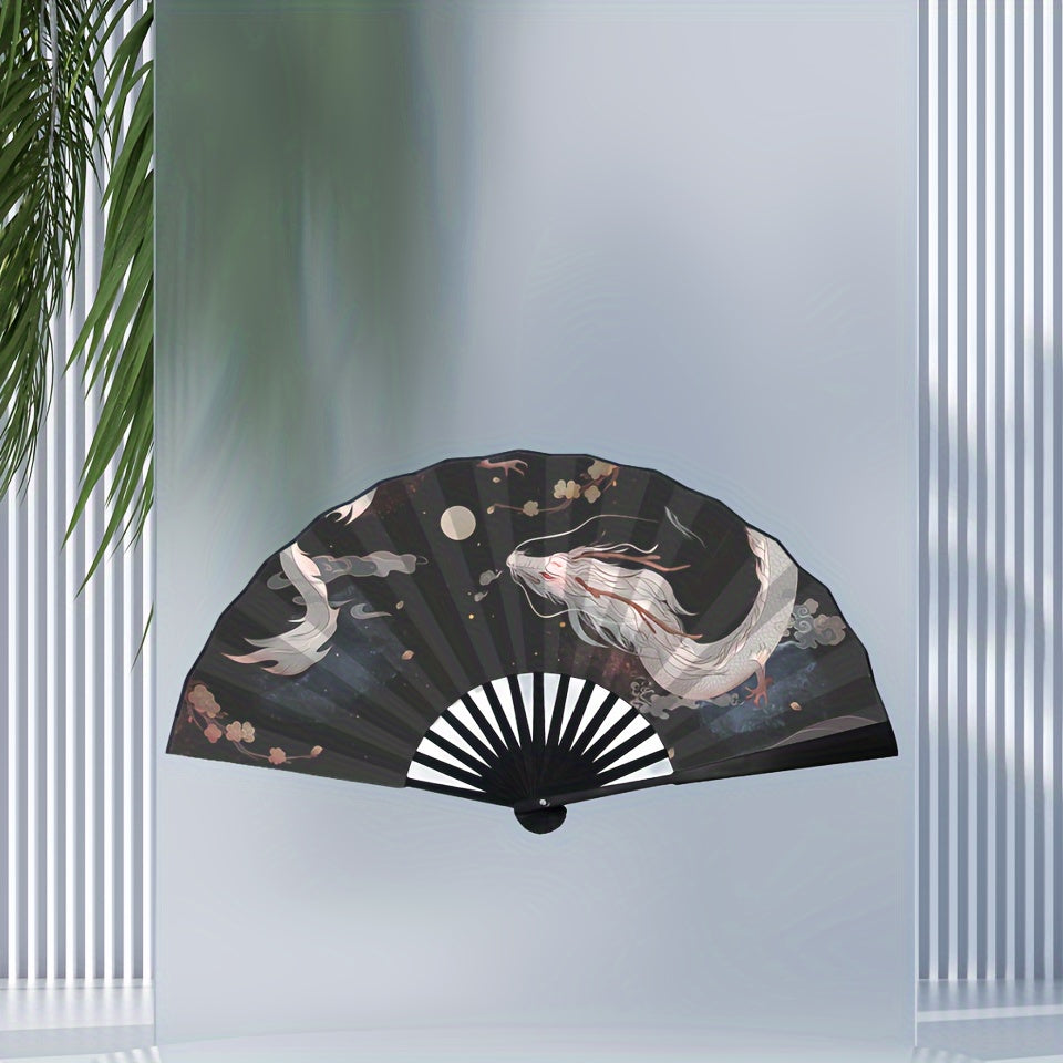 [Crowd Favorite] Silk Folding Fan with Chinese Feng Shui Ink Design, Bamboo White Dragon Pattern, Elegant Summer Accessory