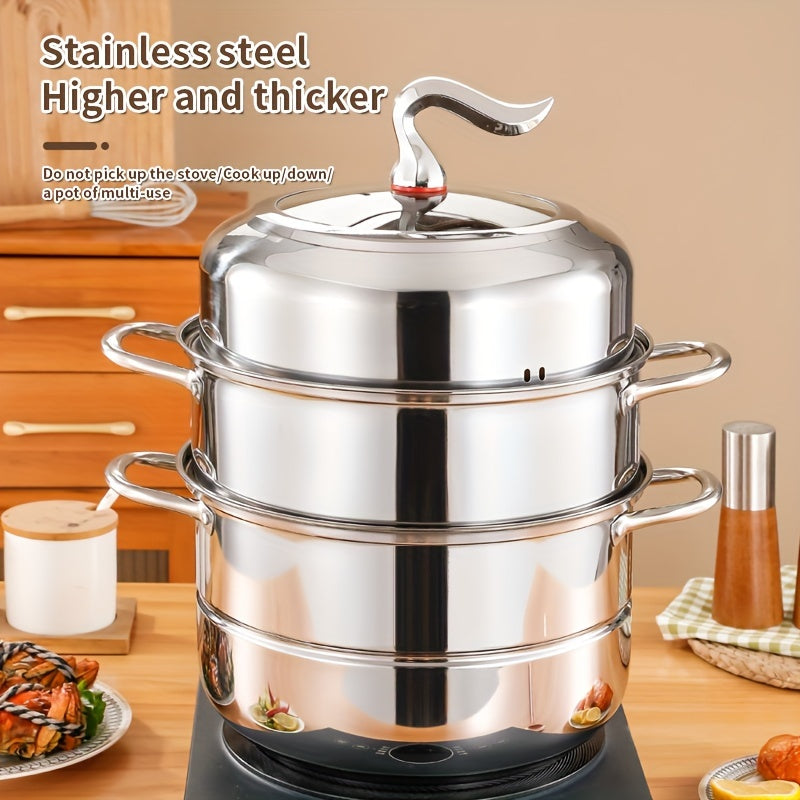 This versatile stainless steel steamer set includes a three-layer design with 1 soup pot, 1 steamer, 2 steamer plates, and 1 pot lid. With a deep capacity and multifunctional capabilities, this cooking pot can steam, boil, stew, and make soup with ease.