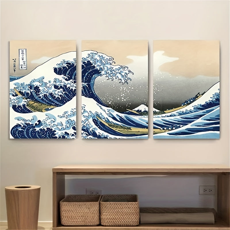 Set of 3 Japanese-style canvas print posters depicting Waves of Kanagawa. Ideal for various wall decor in living rooms, bedrooms, bathrooms, offices, hallways, and kitchens. Frames not included.