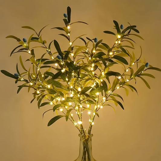 Olive Branch LED Lamp with Fairy Lights and artificial greenery tree. Ideal for various occasions. Mixed color, battery-operated with button control. Modern and festive accent.