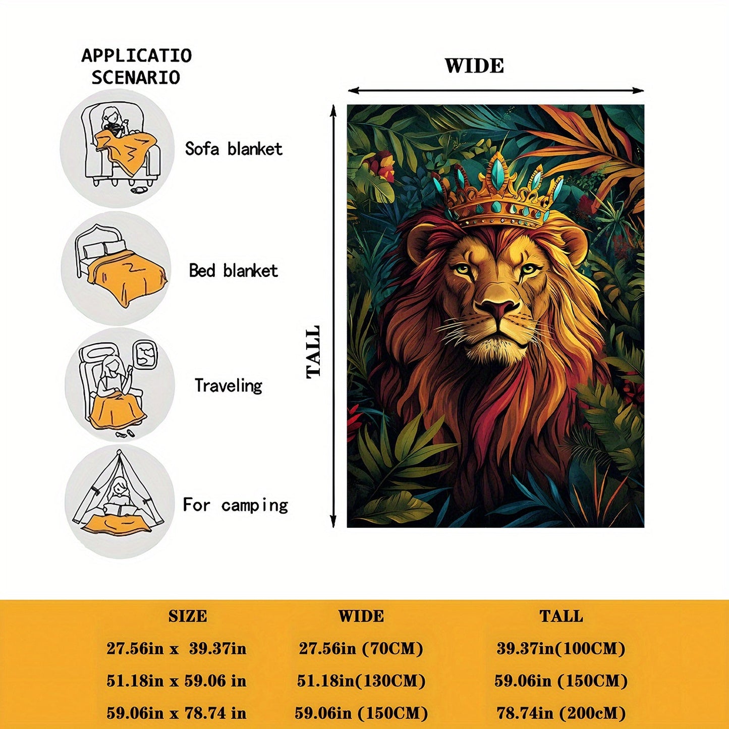 Get cozy with this contemporary style Jungle Lion Print Flannel Blanket! Perfect for all seasons, this soft throw is great for bed, sofa, or car. Made of digital print polyester, it is machine washable and weighs 200-250gsm. Makes an ideal gift for