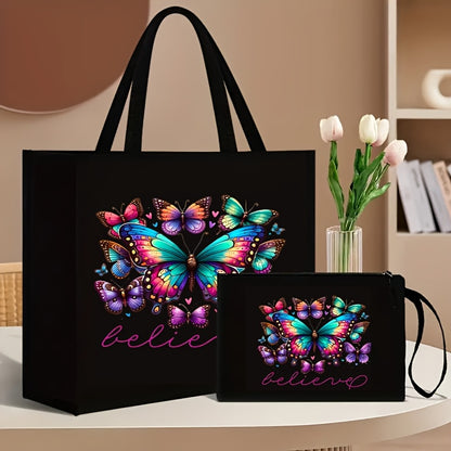 Set includes 2 floral and butterfly print tote bags with matching wallet, made of durable canvas material. Features magnetic snap closure and foldable design for shopping and travel, with