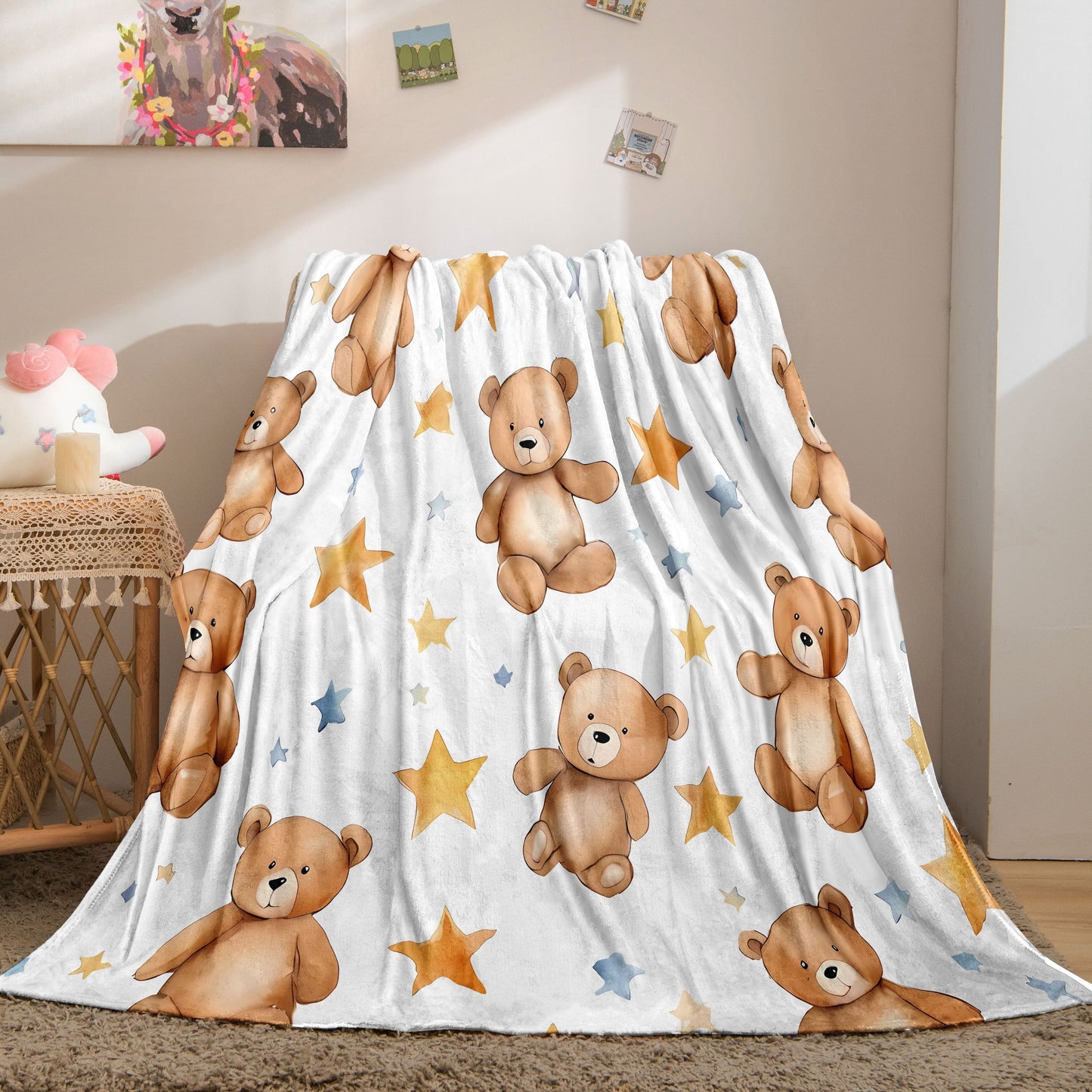 One piece of Cozy Cartoon Bear Printed Flannel Fleece Throw Blanket - Soft and Gentle on the Skin, Suitable for All Seasons and Various Uses- Makes a Perfect Gift, Ideal for Office Use and Outdoor Napping - Features a Traditional Design with High-Quality