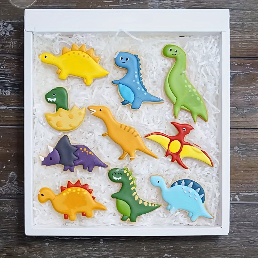 A set of 10 stainless steel dinosaur cookie cutters, perfect for creating fun shapes for baking with kids. These DIY kitchen tools can also be used for cake decoration, making them ideal for children's dinosaur-themed birthday parties.