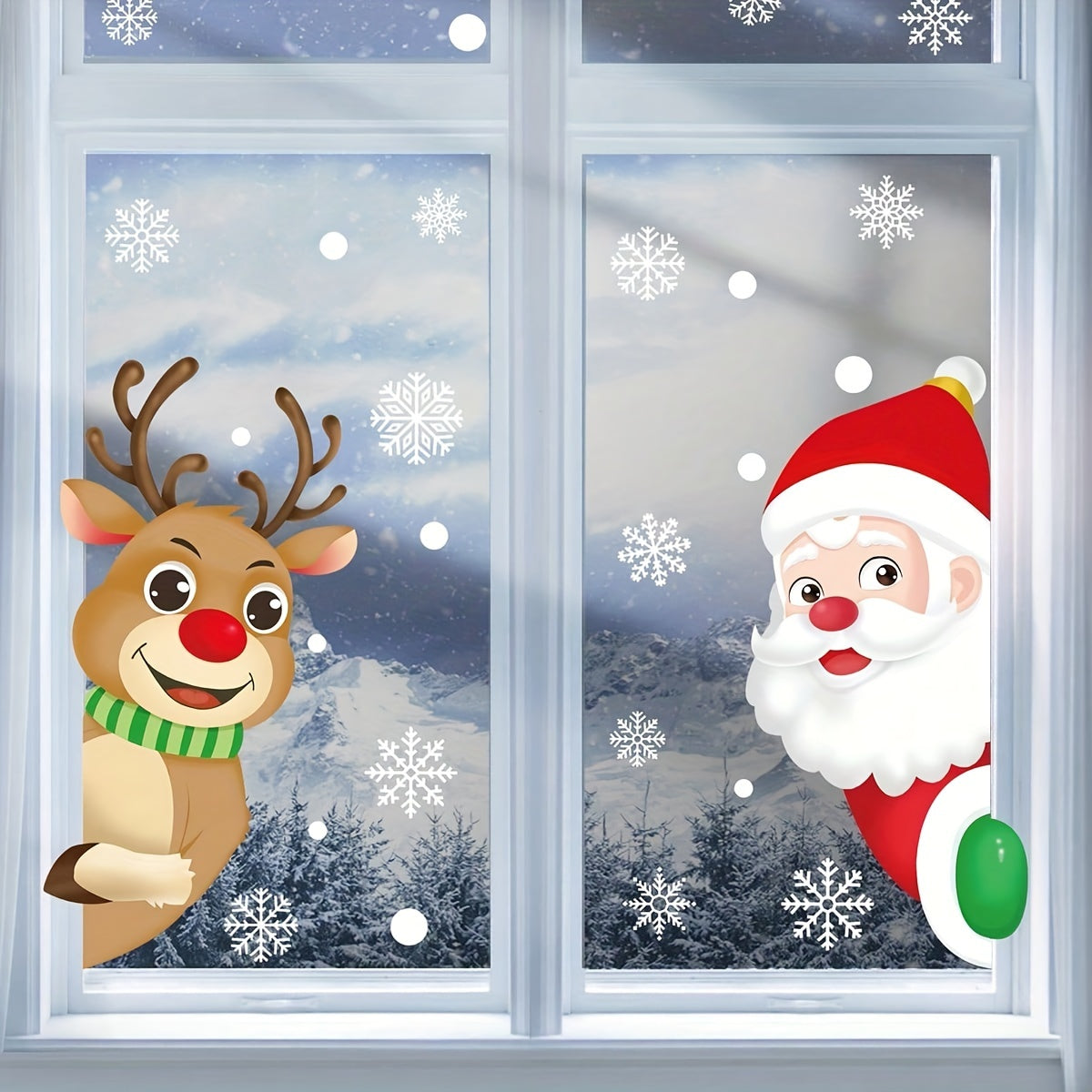 2 Christmas-themed window clings featuring adorable Santa and elk designs, as well as snowflake decals. These static PVC decorations are perfect for adding a festive touch to your bedroom, living room, office, or porch during the holiday season.