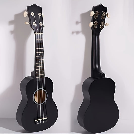 21-inch high pitch ukulele for adults and teens, made of solid basswood with four strings, in black color.