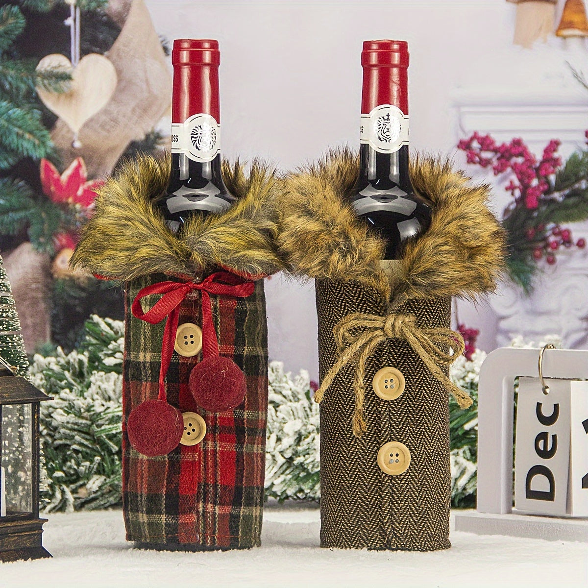 Christmas Wine Bottle Set with Denim Burlap and Bow Decoration - Perfect for European and American Style Homes