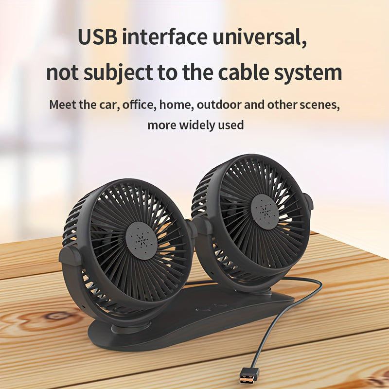 The Dual-Head USB Car Fan features three-speed wind adjustment, an aromatherapy cover, dual switches, multi-angle rotation, a brushless motor, lightweight and portable design, low noise operation, USB powered for energy-saving, a grid mesh cover, a