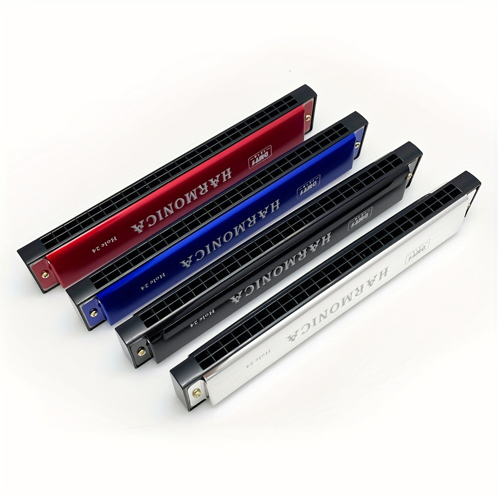 24-hole Golden Harmonica in C Major for all skill levels, includes box, available in white, red, blue, and black.