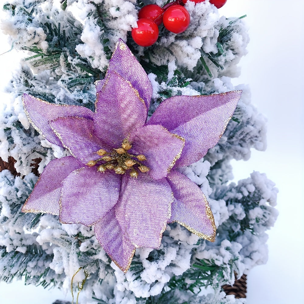 Set of 10 glittery 14cm artificial Christmas flowers for tree decorating, perfect family gift for the holidays.