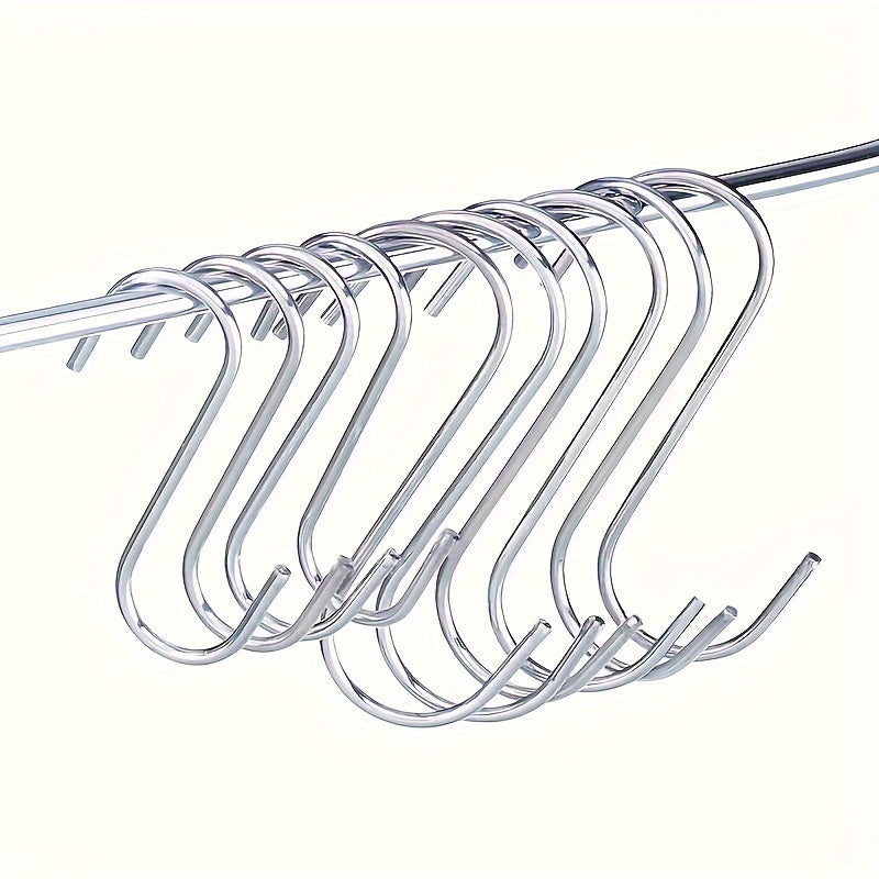 10 stainless steel S-hooks for kitchen, bedroom, and bathroom. Ideal for hanging towels, bags, and accessories. Rustproof and multi-functional.