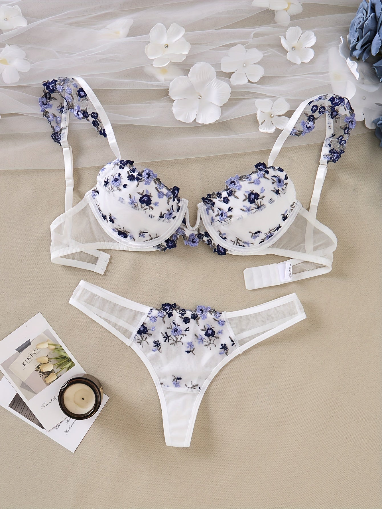 Floral embroidered cami bra and panties set for women, elegant lingerie & underwear.