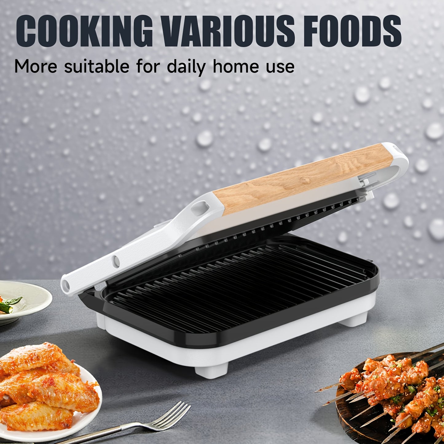 Single electric indoor grill with nonstick grids, locking lid, and 1100-1300W power for various dishes