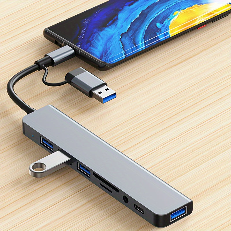 3.0 High speed USB C hub with 4 USB ports, USBC TF/SD card reader, and 3.5mm audio output. Compatible with MacBook Pro/iPad Pro/HP laptops/Galaxy phones.