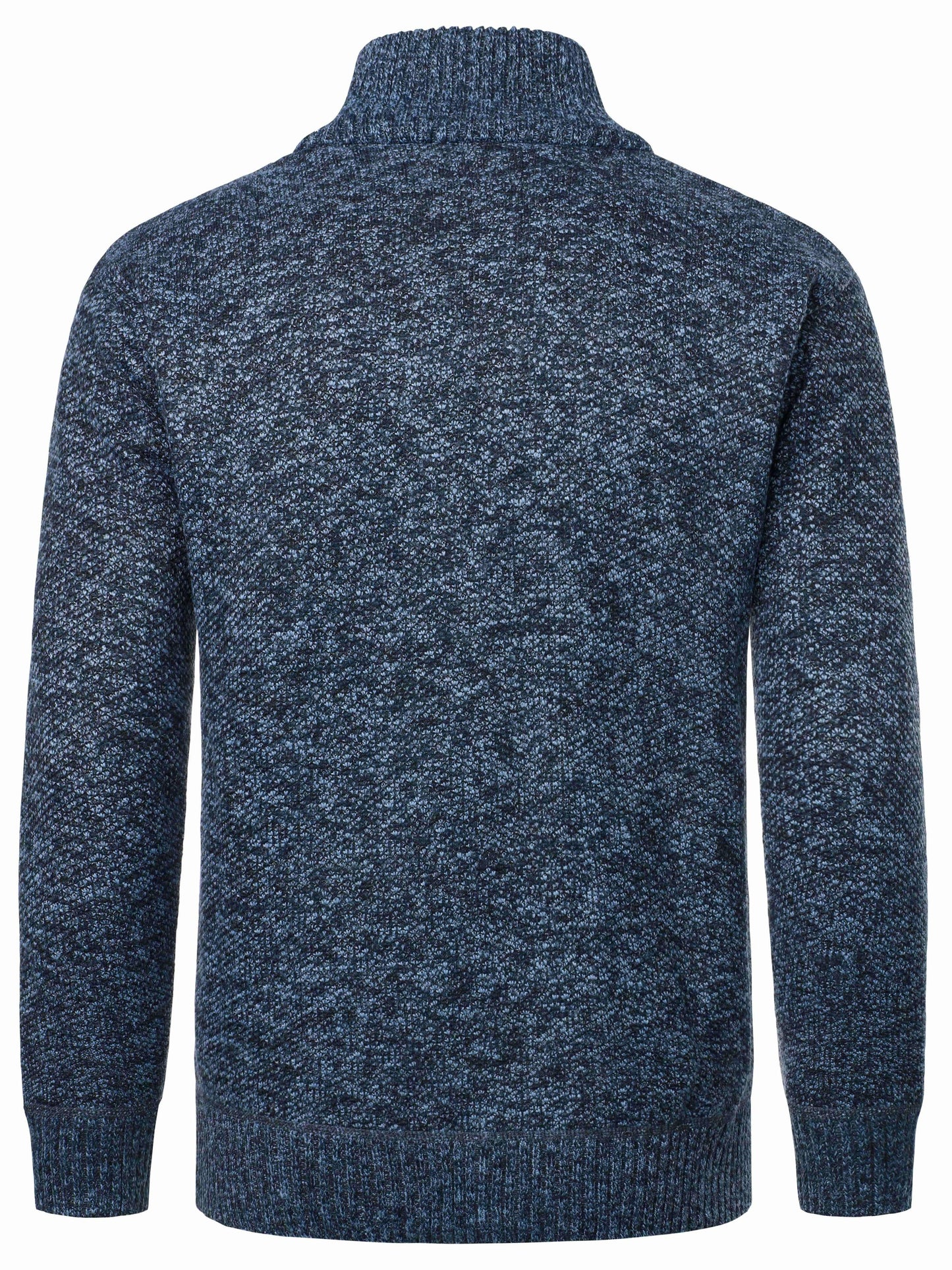 Men's casual knit sweater with stand collar, zip-up cardigan, made of 100% polyester. Features slight stretch, solid color, long sleeves, and regular fit for fall/winter.