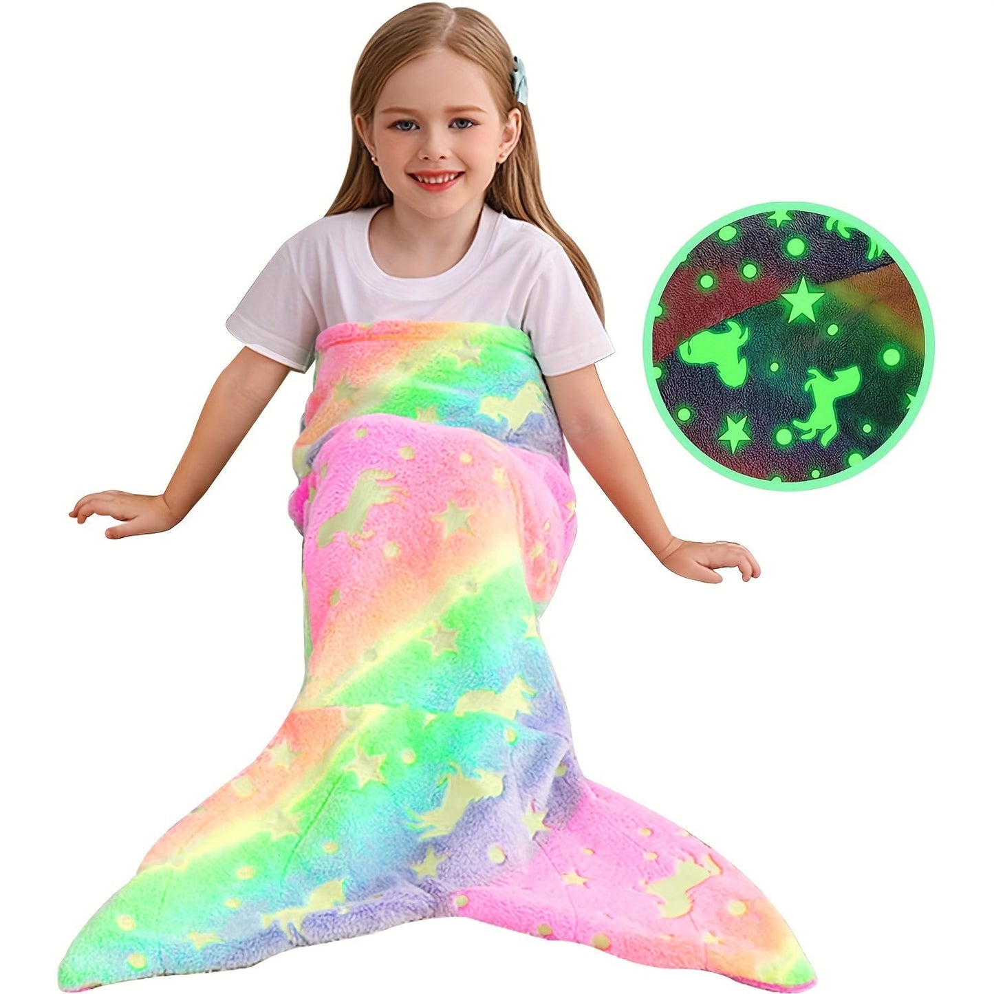 Soft flannel wearable plush mermaid tail blanket that glows in the dark, suitable for girls, teens, and adults. Ideal for all seasons, birthday gifts, nursery decor, unicorn sleeping bag, and kindergarten decor.