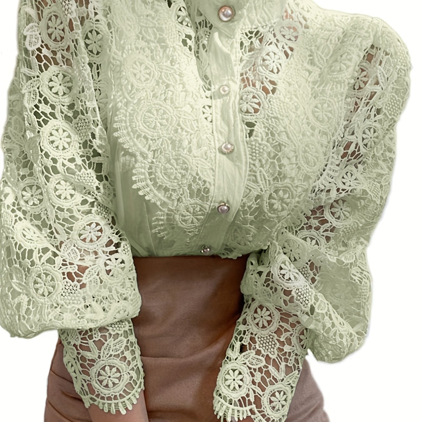 Victorian lace blouse with pearl buttons and intricate floral patterns, suitable for casual or semi-formal events.