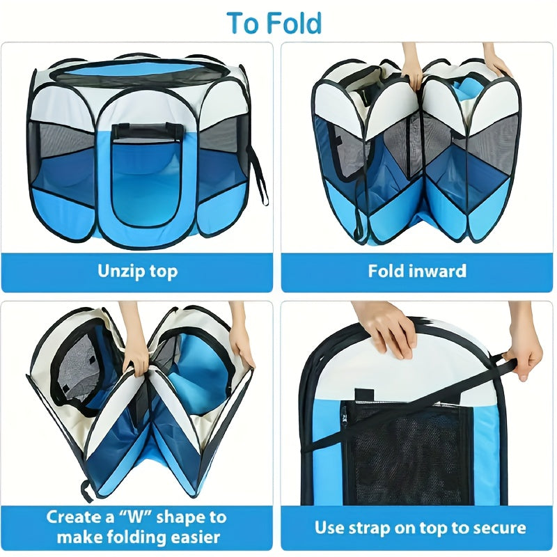 Portable pet playpen for dogs, cats, rabbits, and small animals, folds easily for storage.