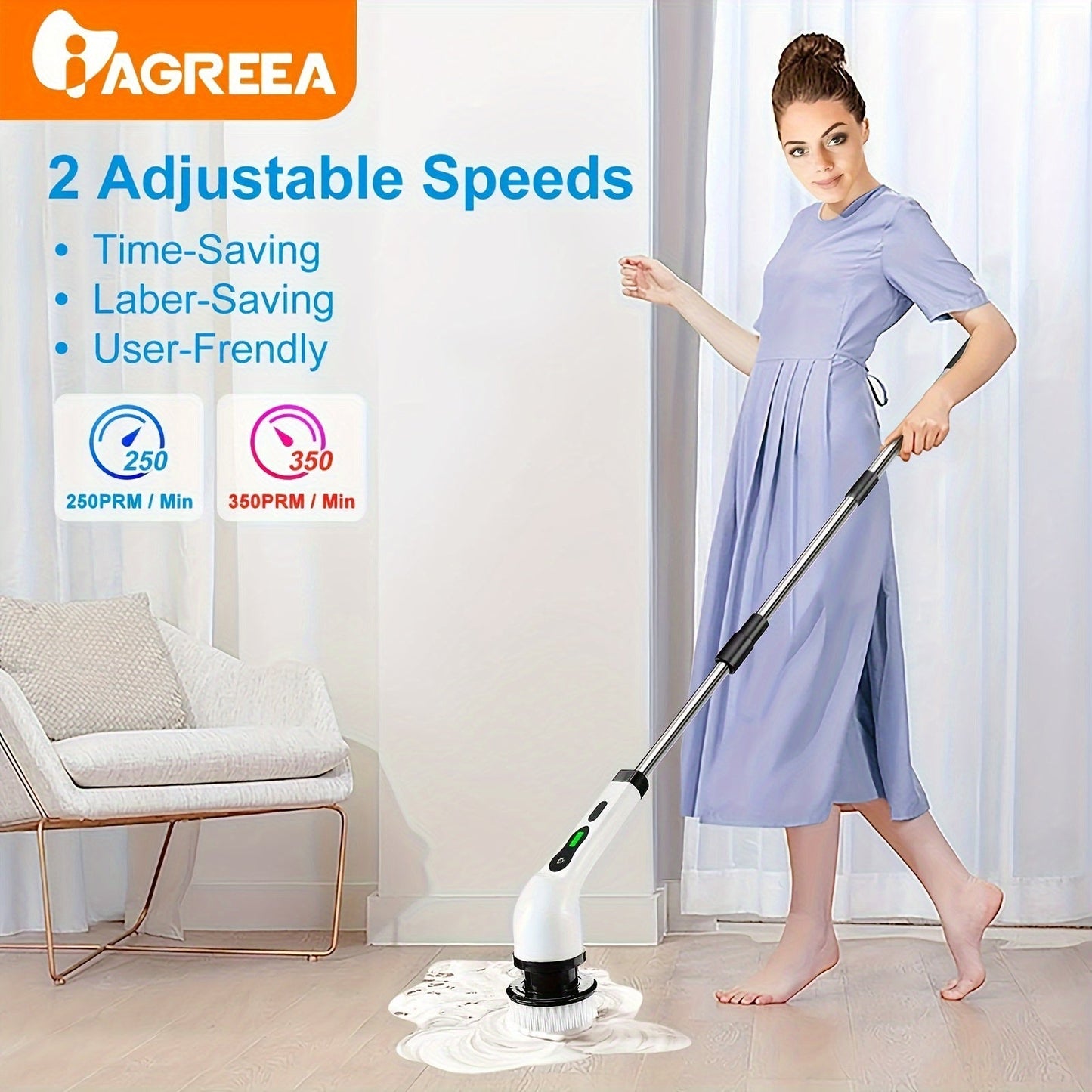 Introducing the Electric Cleaning Brush Set - a versatile rotary floor scrubber that is cordless and wireless. This set includes 1 electric scrubber with 7 replaceable brush heads, an adjustable extension handle, and USB-C charging cable. Perfect for