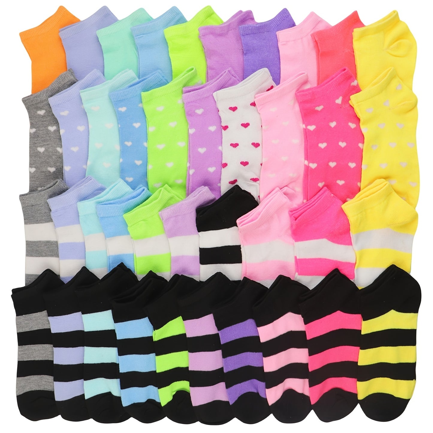 20 women's ankle socks in candy-colored heart and stripe patterns made of breathable polyester blend with ribbed detail, suitable for everyday casual wear.