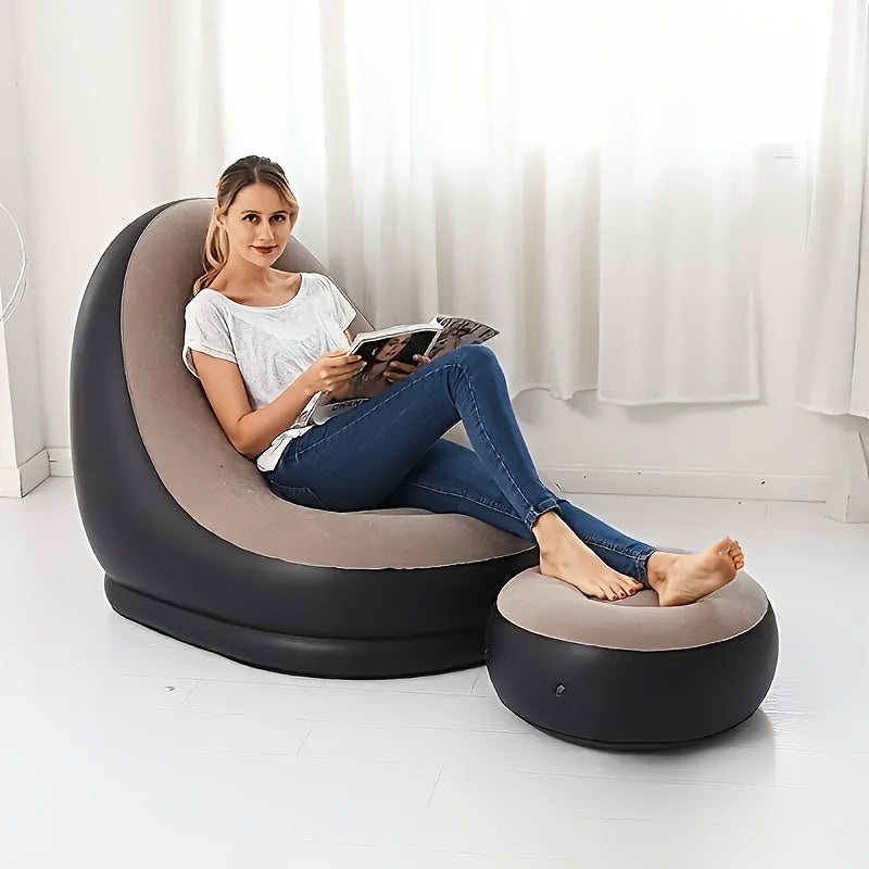 The Khaki Lazy Sofa is a versatile and convenient option for relaxation, whether at home, in the office, or outdoors. This foldable inflatable sofa comes with a foot cushion for added comfort. Made of hand washable PVC, this lounge chair is easy to clean