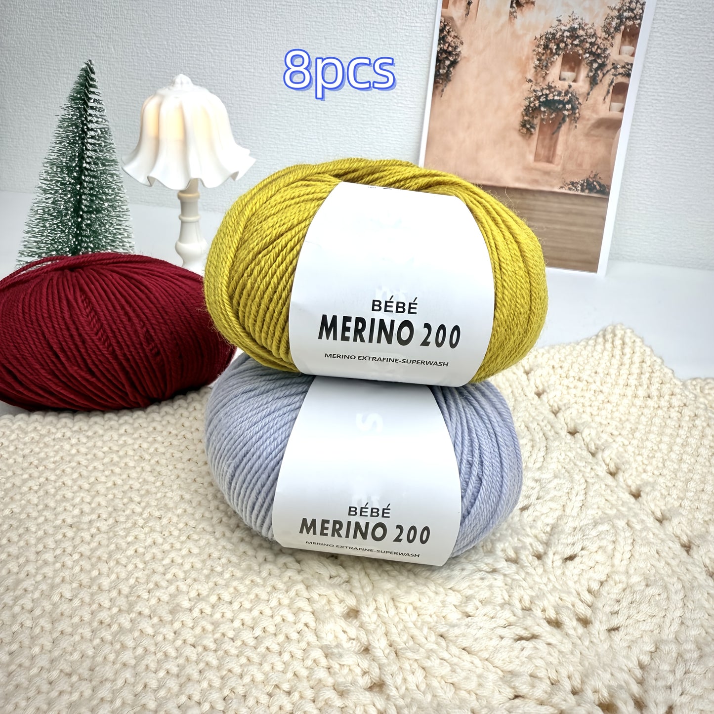 8 balls/400g hand-knitted Merino wool yarn, 75% Merino wool, 25% nylon. Skin-friendly, soft, ideal for knitting sweaters, hats, scarves, socks, blankets, shawls, etc.